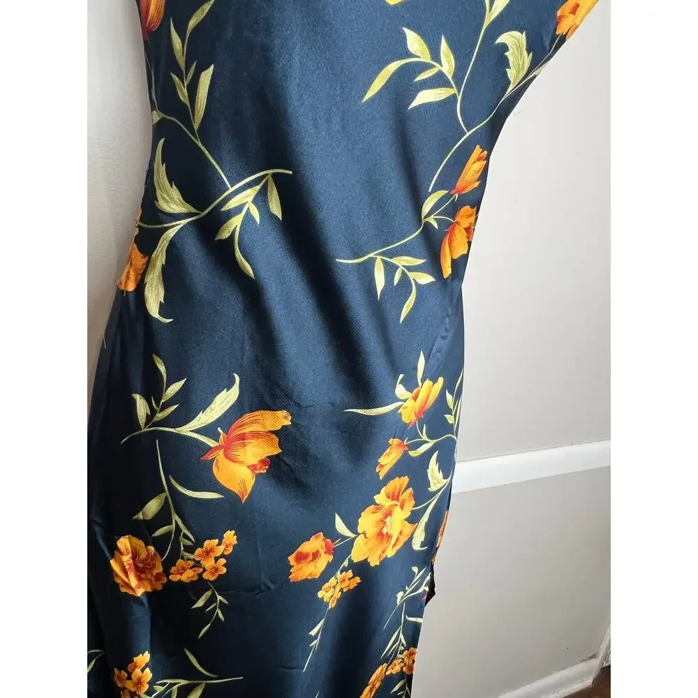 ASTR The Label Floral Satin Slip Midi Dress Navy Orange XS NWOT - Picture 4 of 8